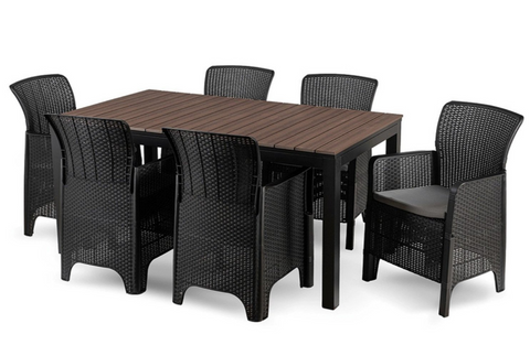 Комплект садовой мебели MEBEL ELITE ARGOS 160&ndash;260&times;90 см орех + 6 кресел FRESNO черный &mdash; раздвижной стол для террасы и сада