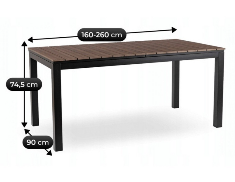 Комплект садових меблів MEBEL ELITE ARGOS 160&ndash;260&times;90 см горіх + 6 крісел FRESNO чорний &mdash; розсувний стіл для тераси та саду