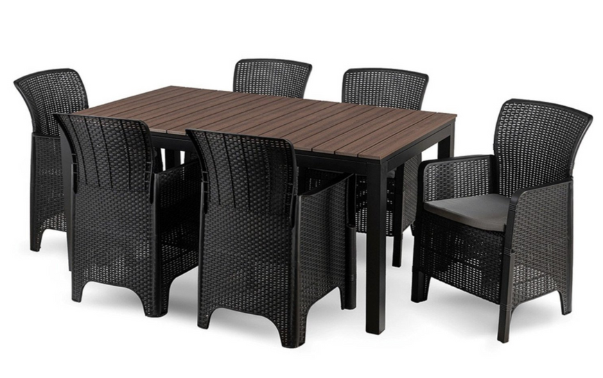 Комплект садових меблів MEBEL ELITE ARGOS 160&ndash;260&times;90 см горіх + 6 крісел FRESNO чорний &mdash; розсувний стіл для тераси та саду