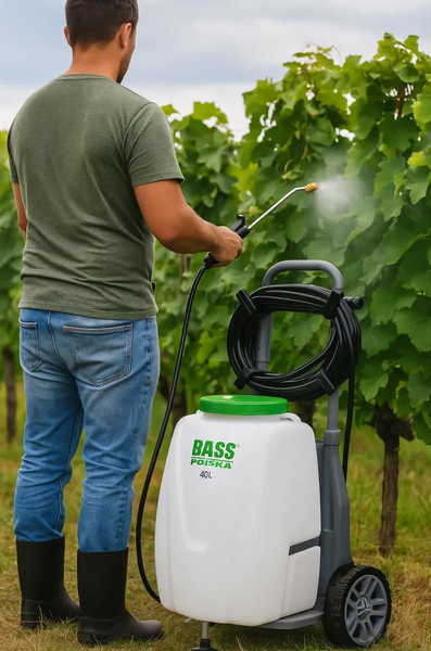 Аккумуляторный опрыскиватель на колёсах Bass Polska 8644, 40 л &mdash; садовый опрыскиватель с аккумулятором для огорода, сада и дачи