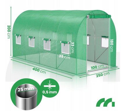 Садовая теплица 10 м&sup2; с двумя входами, труба 25 мм, 2,5 &times; 4 &times; 2 м, TFO25-2,5X4X2-2-Z.