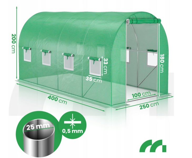 Садовая теплица 10 м&sup2; с двумя входами, труба 25 мм, 2,5 &times; 4 &times; 2 м, TFO25-2,5X4X2-2-Z.