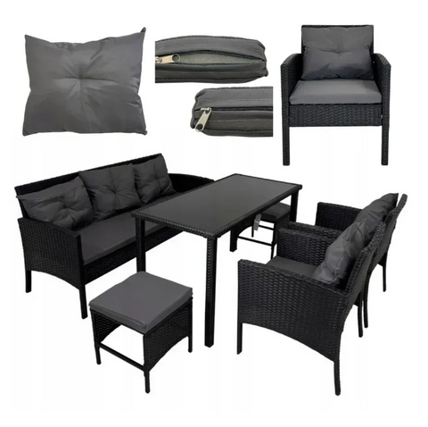 Комплект садовой мебели из техноротанга Kontrasto Capri Pro 414145, 6 предметов, черный с серыми подушками, для террасы, сада и лаунж-зоны