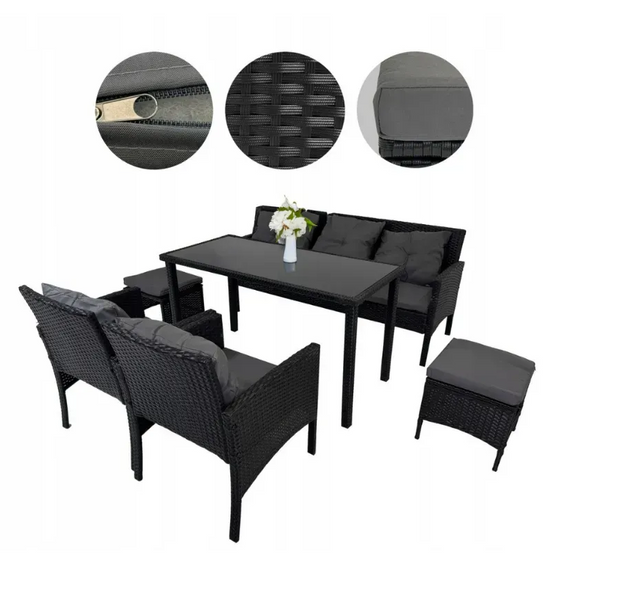 Комплект садовой мебели из техноротанга Kontrasto Capri Pro 414145, 6 предметов, черный с серыми подушками, для террасы, сада и лаунж-зоны