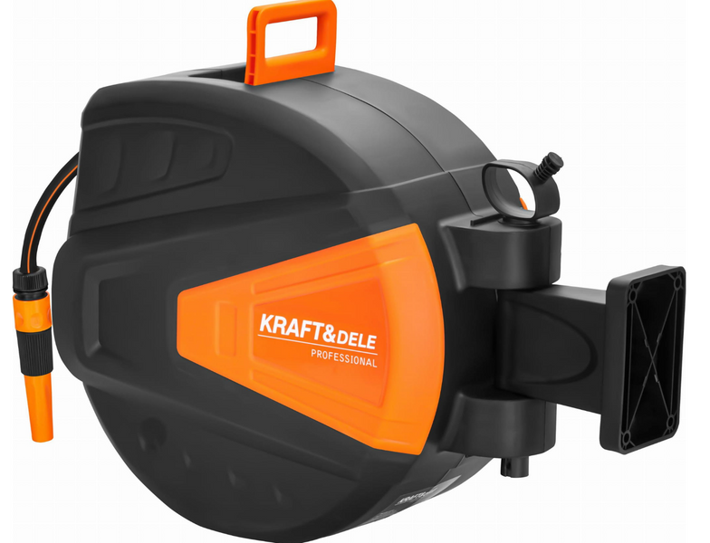 Катушка со шлангом Kraft&Dele KD2153 30 м + 2 м 1/2" для полива сада, огорода и дачи &mdash; с автоматической смоткой и креплением