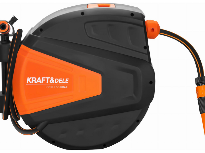 Катушка со шлангом Kraft&Dele KD2153 30 м + 2 м 1/2" для полива сада, огорода и дачи &mdash; с автоматической смоткой и креплением