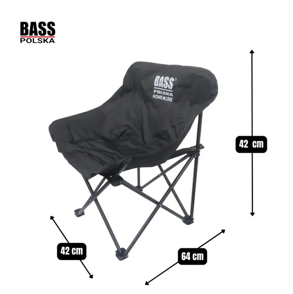 Крісло туристичне складане Bass Polska BH 30033 з бічною кишенею, для кемпінгу, риболовлі та пікніка, чорне