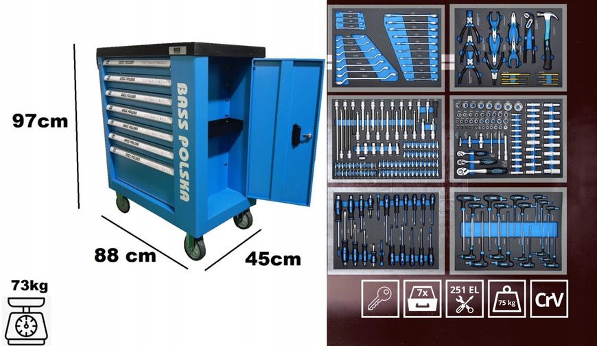 Инструментальный шкаф-тумба на колесах с 251 элементом Bass Polska 3059