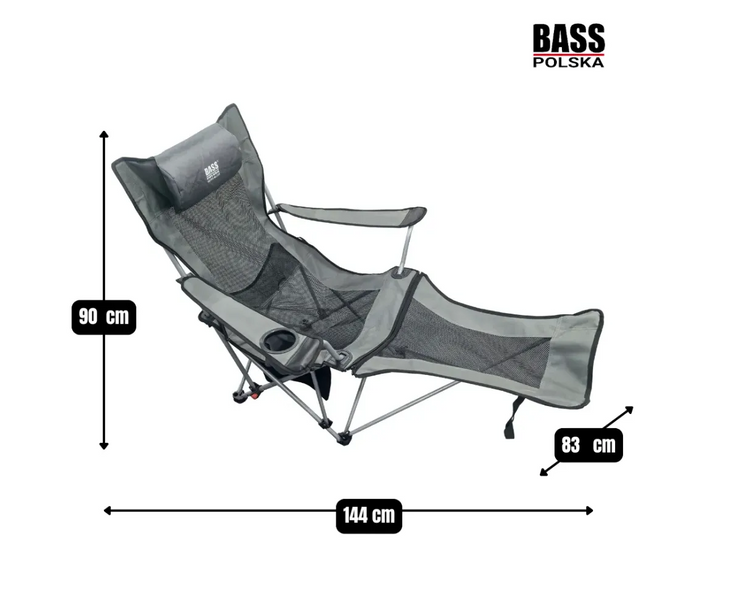 Рибальське крісло-шезлонг BASS POLSKA BH 30022 зі складаною конструкцією, регульованою спинкою та м&rsquo;яким матрацом, до 130 кг