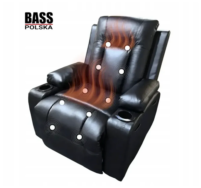 Масажне шкіряне крісло-качалка Bass Polska BH 30040 RELAX з масажем спини, попереку та ніг, чорне