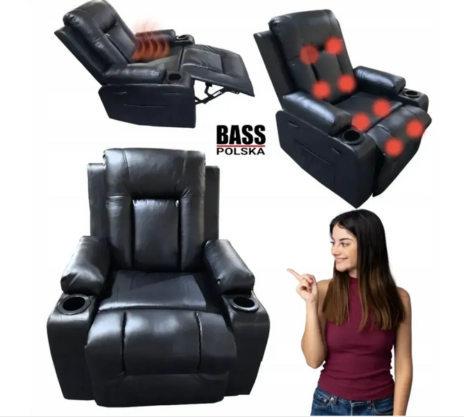 Масажне шкіряне крісло-качалка Bass Polska BH 30040 RELAX з масажем спини, попереку та ніг, чорне