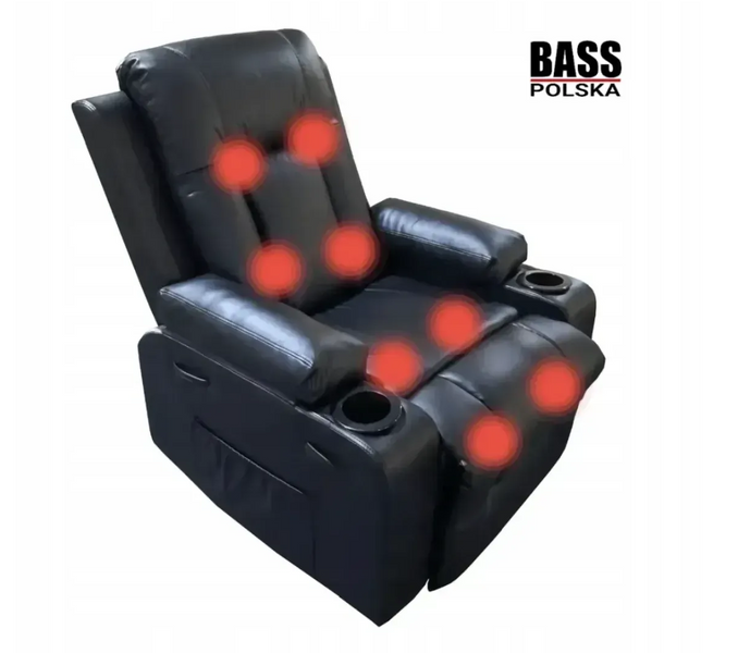 Масажне шкіряне крісло-качалка Bass Polska BH 30040 RELAX з масажем спини, попереку та ніг, чорне