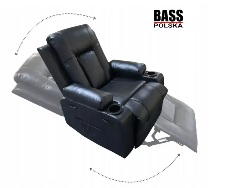 Масажне шкіряне крісло-качалка Bass Polska BH 30040 RELAX з масажем спини, попереку та ніг, чорне
