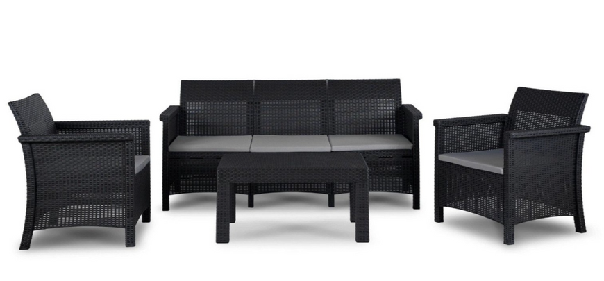 Комплект садових меблів MEBEL ELITE SAVIO &mdash; диван, 2 крісла та стіл, стильний чорний набір для відпочинку