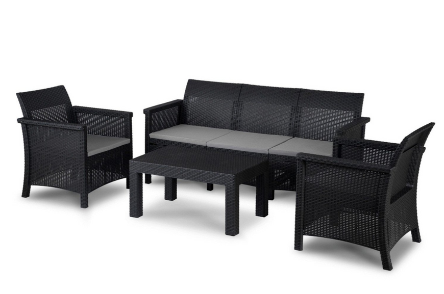 Комплект садових меблів MEBEL ELITE SAVIO &mdash; диван, 2 крісла та стіл, стильний чорний набір для відпочинку